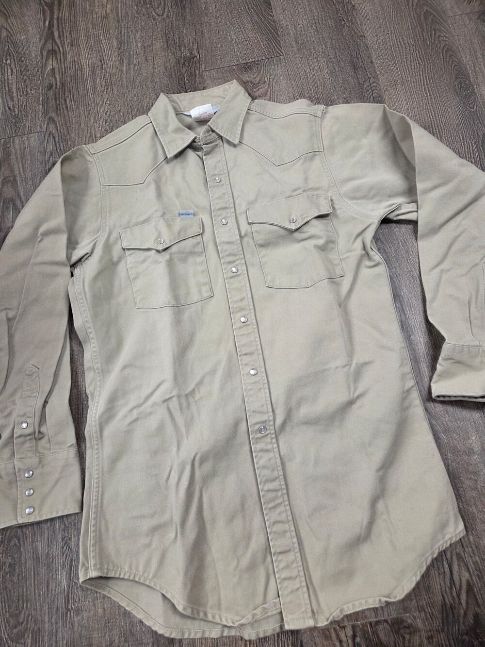 Carhartt Canvas Western Dungaree Work Shirt Distressed Made USA 15.5 Med Vintage